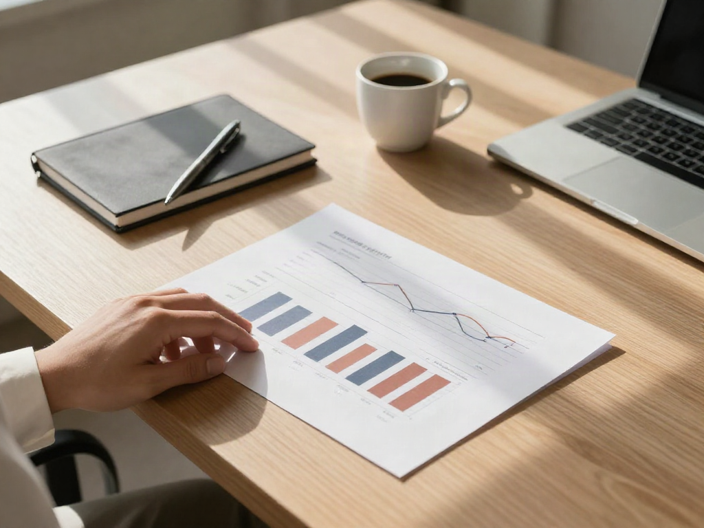 Business analysis charts, a notebook and a laptop ready for a focused performance review